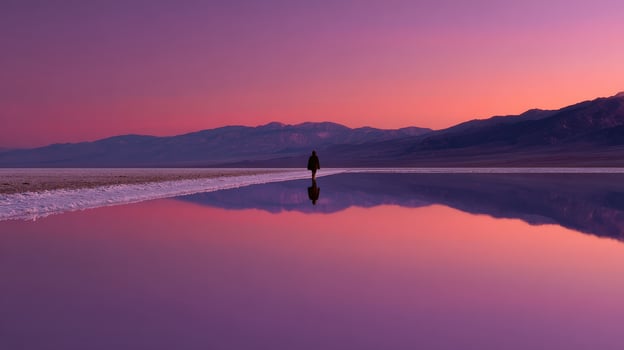 Person walks on reflective Badwater Basin during dusk photo