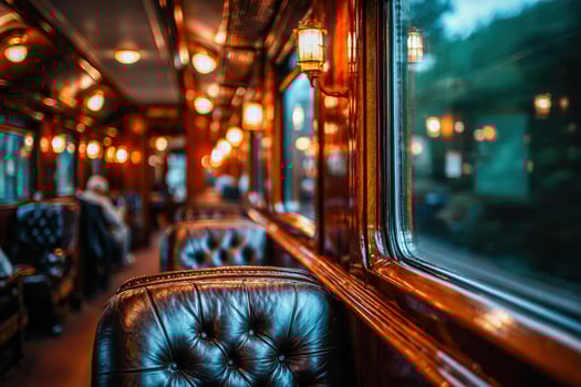 Interior of vintage train car with leather seats at nighttime photo