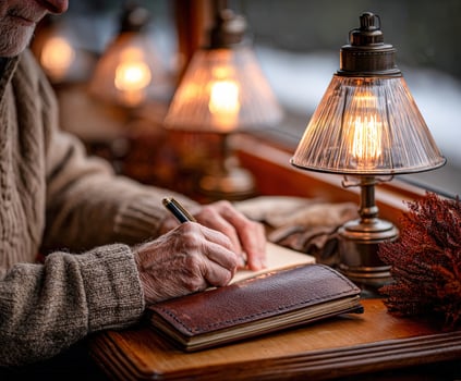 Man writes in journal by a lamp in front of a window photo