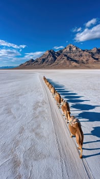 Camels walk on Bonneville Salt Flats toward Stansbury Mountains photo