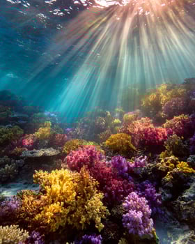 Natural Prismatic Sunlight Beams Illuminating Radiant Underwater Corals photo