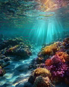 Prismatic Sunbeams Reflecting Across Seabed and Coral in Shallow Ocean photo