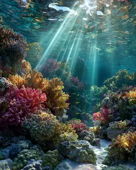 Ultra-Detailed Reef Scene with Prismatic Spectrum Over Marine Life photo