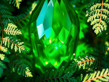 A green glass bottle is sitting in the middle of some green trees photo