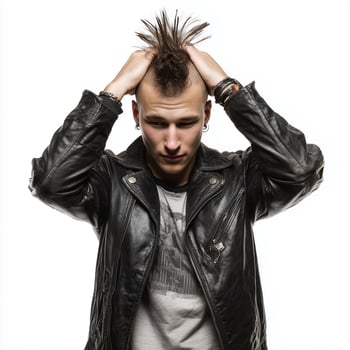 Young punk man with mohawk hairstyle poses confidently in leather jacket on white background photo