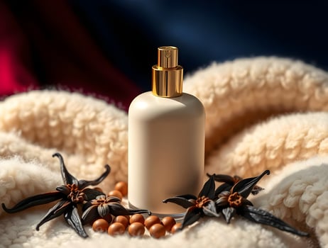 A bottle of perfume surrounded by spices photo