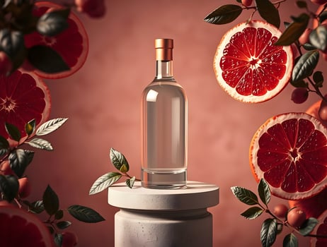 A bottle of vodka surrounded by grapefruit photo