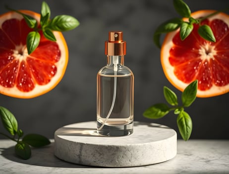 Citrus Perfume Bottle on Marble Display with Grapefruit Slices photo
