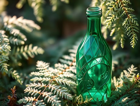 A green bottle sitting in the middle of a green forest photo