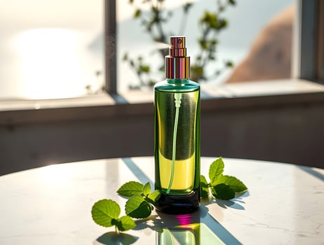 A bottle of perfume sitting on a table with leaves photo