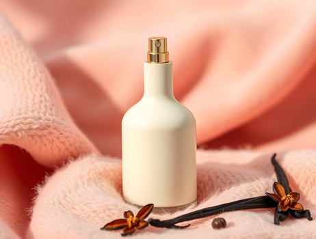 A white bottle of perfume sitting on a pink blanket photo