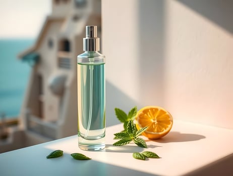 A bottle of perfume and an orange on a window sill photo