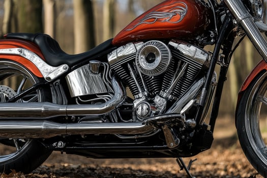Powerful chrome engine and exhaust pipes of a custom motorcycle gleaming in the sunlight photo