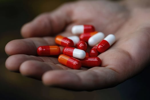 Hand holding colorful pills and capsules medicine, healthcare, and pharmaceutical industry photo