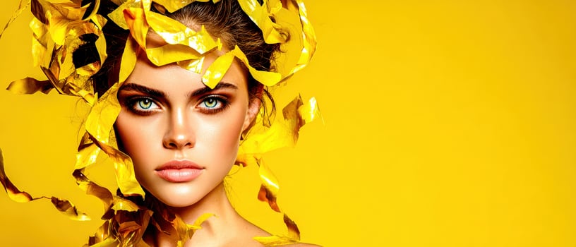 A woman with yellow hair and yellow leaves on her head photo