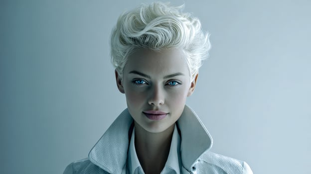 A woman with blonde hair and a white jacket photo
