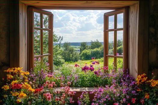 Open window overlooking blooming flower garden and green meadow photo