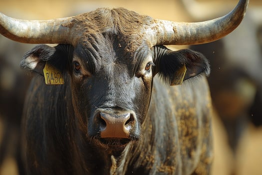 Majestic bull standing in dusty corral with large horns photo