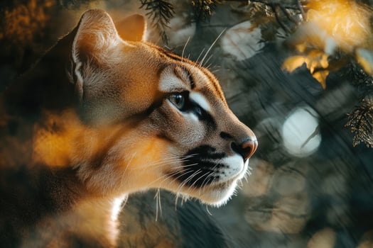 Puma concolor looking aside under fir tree in sunlight photo