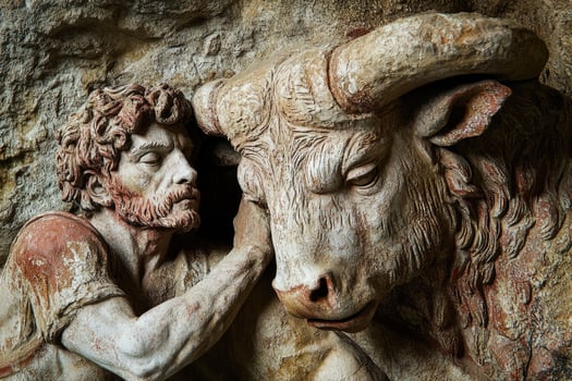 Farmer embracing powerful bull in ancient stone relief carving photo