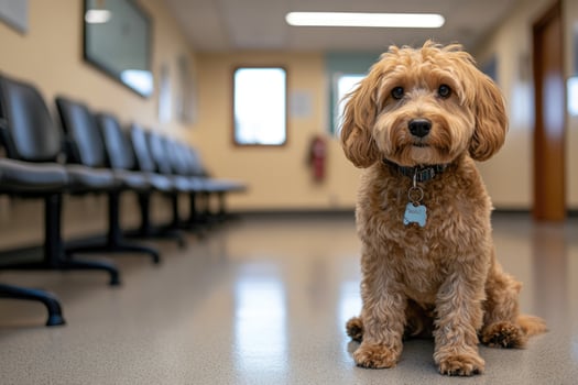 Cute dog sitting in empty vet waiting room photo