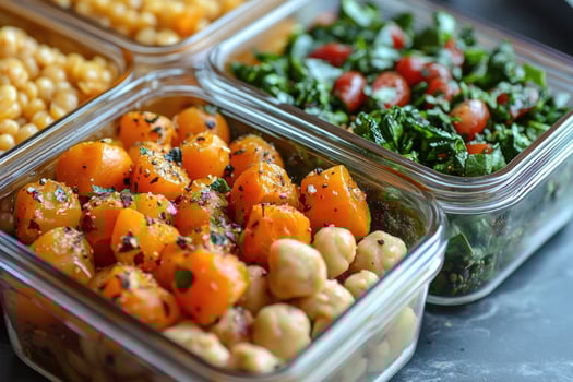 Healthy meal prep containers with roasted vegetables, chickpeas, and greens displaying vibrant colors photo