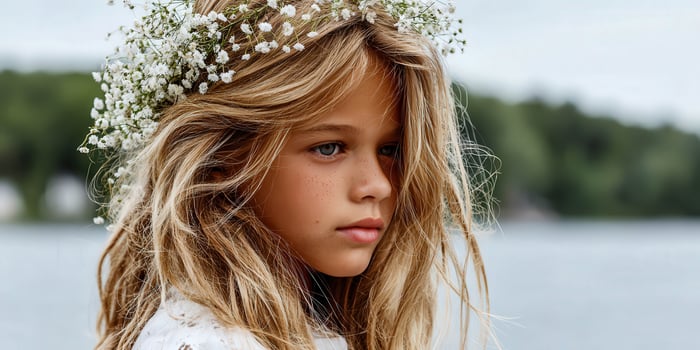 A young girl with long hair wearing a flower crown photo