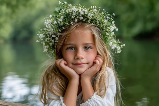 A young girl wearing a flower crown sitting on a log photo