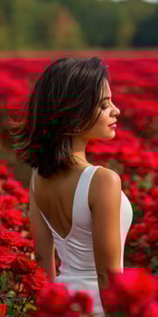 Woman in white dress stands in a field of red roses photo