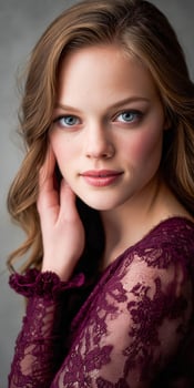 Young woman poses in lace top for indoor portrait photo