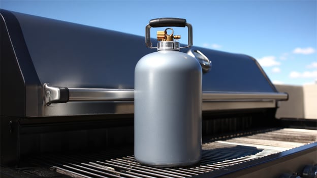 Grey gas canister on a grill photo