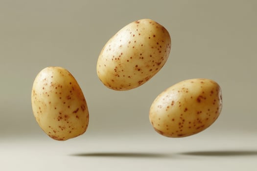 Three fresh potatoes floating on a minimalist beige background photo