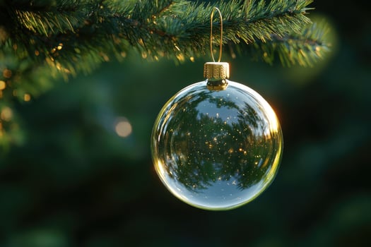 Transparent christmas ball reflecting golden light hanging on pine tree branch photo