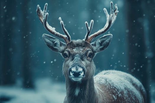 Majestic deer standing in snowy forest during snowfall photo