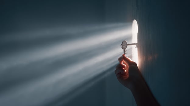 Hand holding key emerging from a wall photo