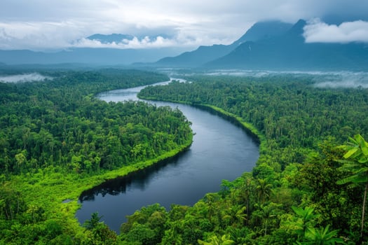 Lush rainforest river winding through green trees and mountains photo