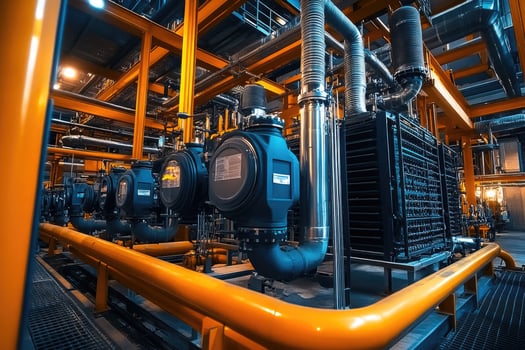 Industrial pipes and valves connecting complex machinery in a modern factory photo