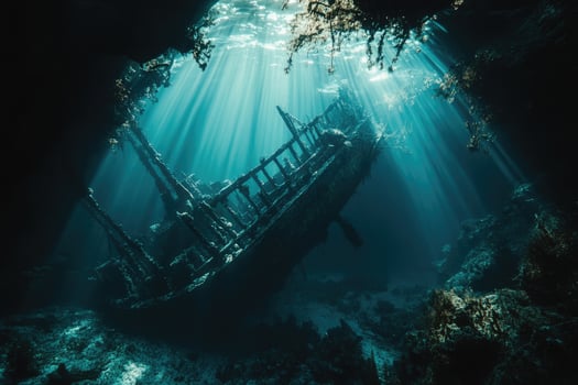 Sunbeams illuminating a mysterious underwater shipwreck in the deep blue sea photo