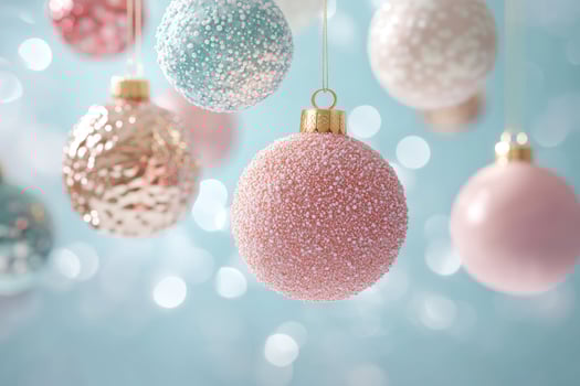 Pastel christmas ornaments hanging on a light blue background photo