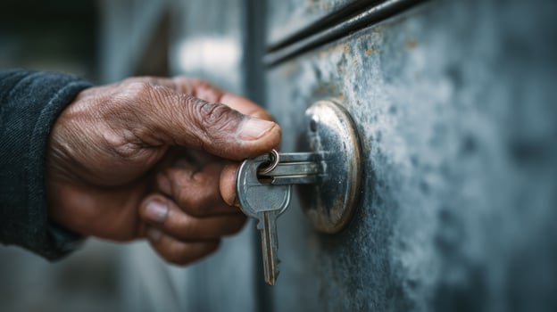 Hand inserting key into metal lock photo