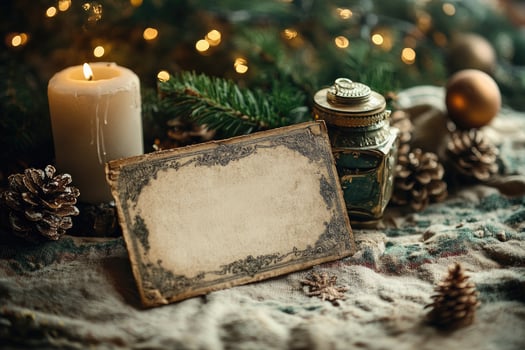 Vintage holiday decor with candle and pinecones photo