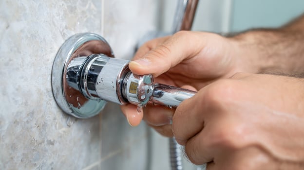 Hands repairing shower fixture photo