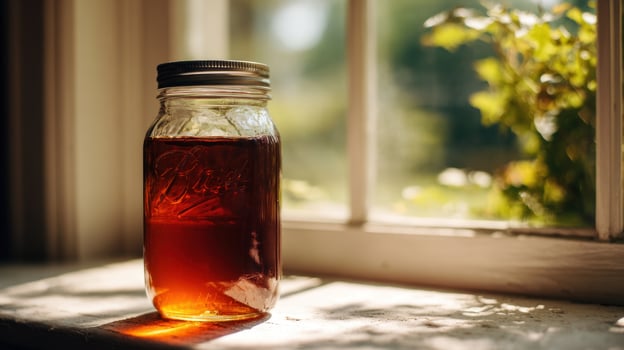 Honey jar on windowsill photo