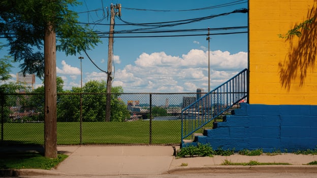 A yellow and blue building photo