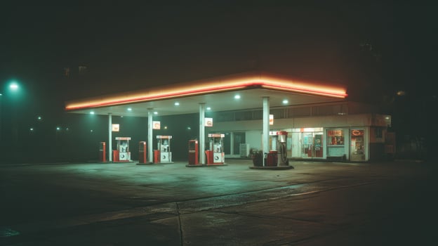 Misty night at a gas station photo