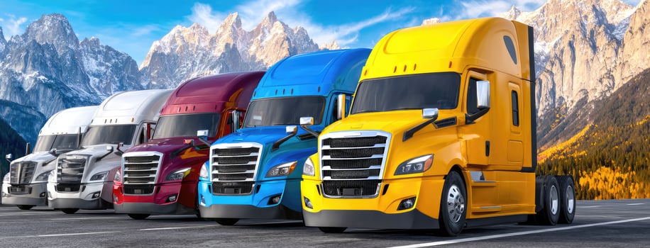 A group of semi trucks parked in front of mountains photo