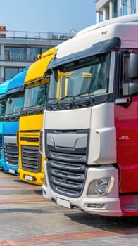 A row of trucks parked in front of a building photo