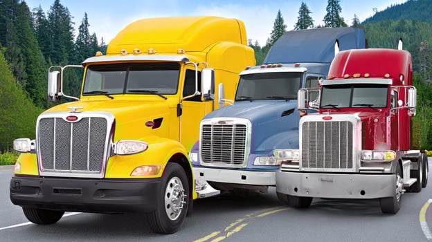 Three semi trucks are parked on a road photo