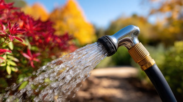 A hose is spraying water on a garden photo