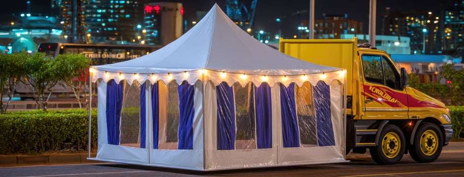A white tent with blue curtains on the side of a street photo